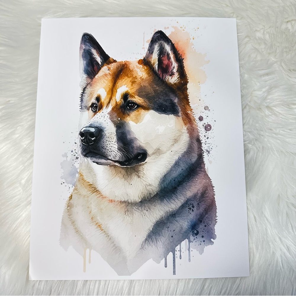 Watercolor American Akita Dogs Portrait Wall Art Illustration Print Unframed - Picture 3 of 8